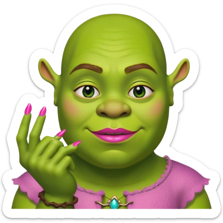 Shrek with pink long nails and pink lipstick sticker