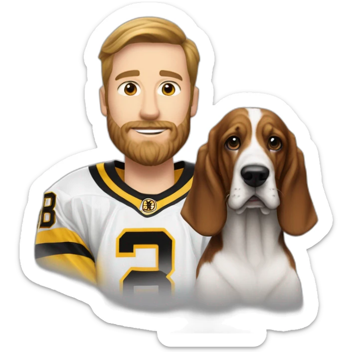 #28 player on the boston bruins white male with beard next to basset hound dog sticker