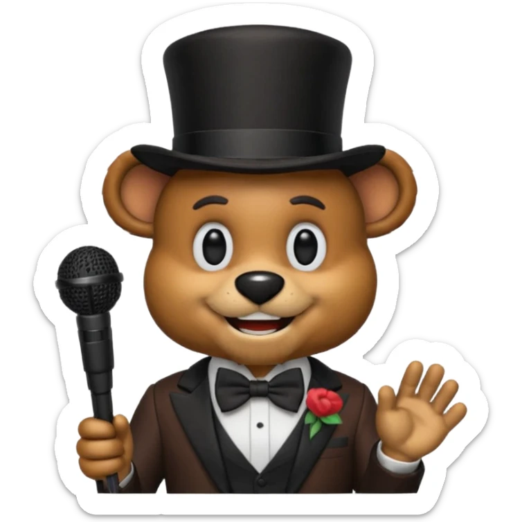 Freddy Fazbear as an emoji, smiling, brown fur, black top hat, bow tie, holding a microphone, cheerful look sticker