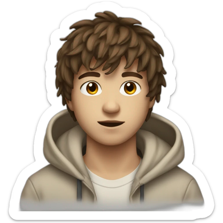 24-year-old boy with textured, messy fringe, brown hair, and an off-white hoodie. sticker