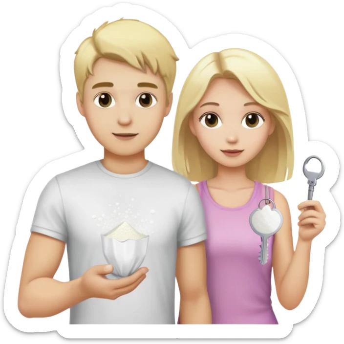 Blonde guy holding a plastic bag of white powder and blonde girl holding a key sticker