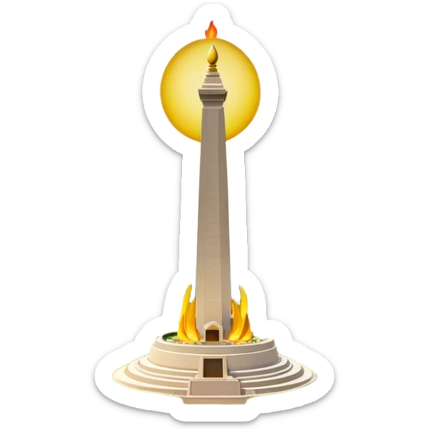 Cinematic Realistic Monas Landmark Emoji, showcasing the National Monument in Jakarta, a towering obelisk with a golden flame, set within a lush park under a clear, radiant sky. sticker