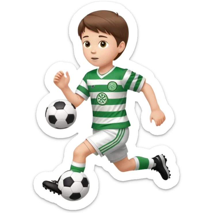 Celtic footballer jersey logo  6 years old brown hair white boy , brown eyes , stripes uniform , RUNNING  with soccer ball # 17 celtic football logo PUT ONLY ONE LOGO ONE CELTIC LOGO ONLY white shorts sticker