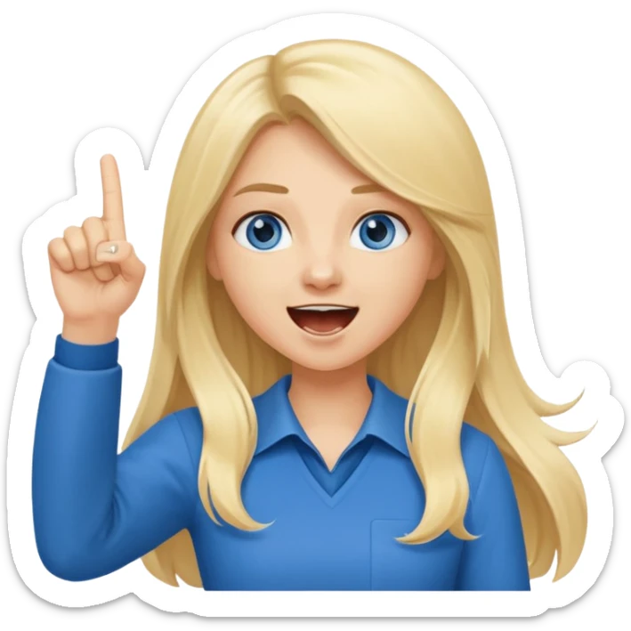  blue eyes blonde girl yelling into megaphone with right hand smiling long hair holding up left first finger sticker