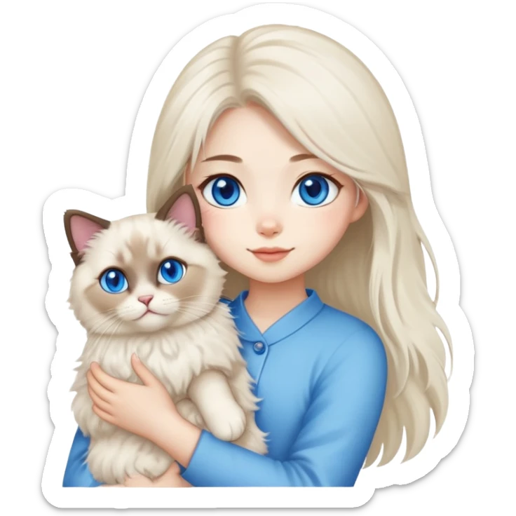 Asian girl holding a fluffy ragdoll cat with blue eyes and colorpoint fur sticker
