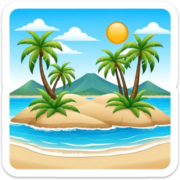 Sanya tropical beach Hainan Island with palm trees, simplified emoji style with bold outlines and bright colors, cartoon style beach with blue water sticker