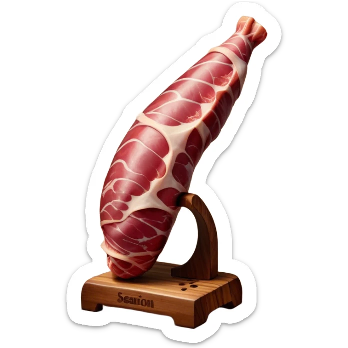 ​Cinematic Realistic Spanish Jamón Leg, depicted as a massive, cured leg of Jamón serrano (ham) with a deep reddish-brown hue, intricately marbled and slightly glossy with age, elegantly displayed on a rustic wooden stand and bathed in warm, soft lighting that accentuates its artisanal heritage, sticker