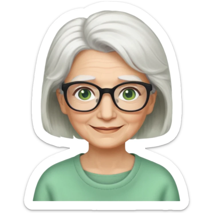 White hair grandma, green eyes, hair to shoulder, lokeg black glasses, rectangles face, smile , sticker