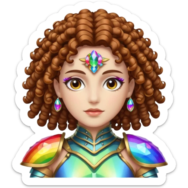 nude woman short curly brown mullet brown eyes white skin wearing crystal rainbow beetle armor sticker