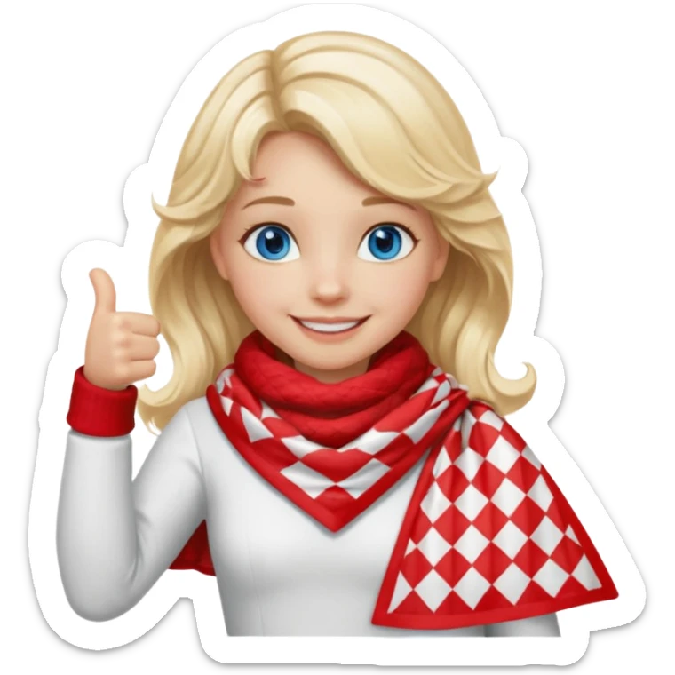 Blonde Girl, Blue Eyes, wavy hair, smiling, thumbs up, wearing red Checkered Triangle scarf, white dress sticker