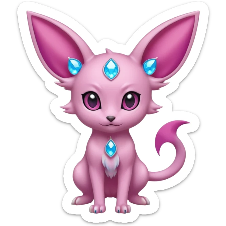 Espeon pokemon, light pink body color, dark pink jewel in middle of forehead, spilt at end tail, two ear like flaps coming out 
of cheeks, inside of big pointy ears is blue
 (full body) sticker