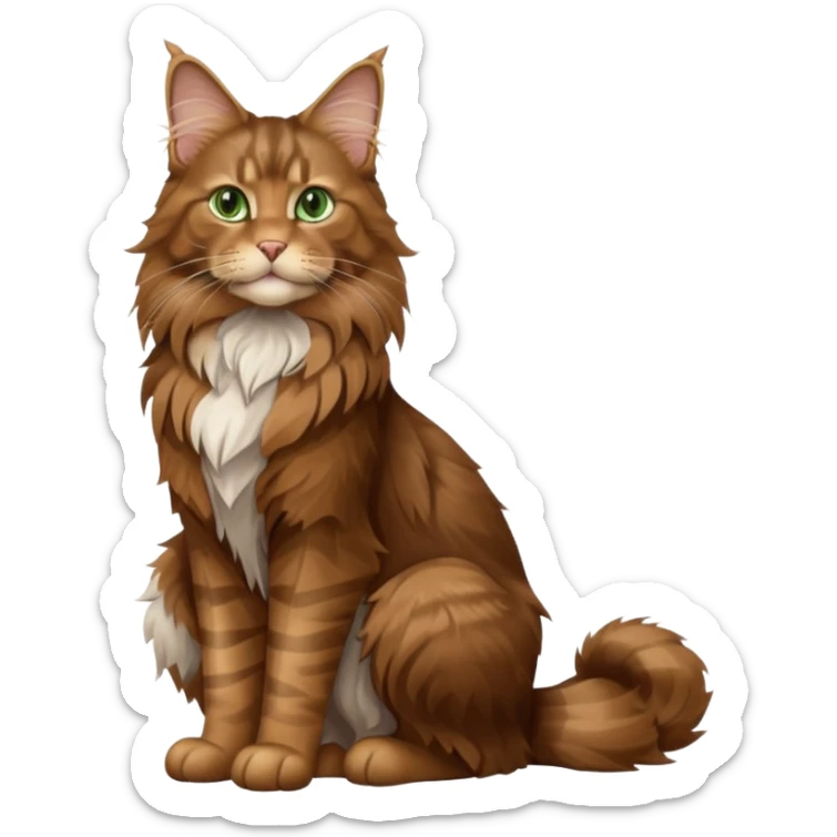 A high-resolution photo-realistic digital illustration of a brown maine coon cat, full body noble maine coon sitting sticker