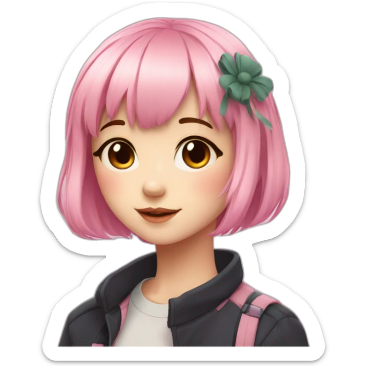 Cute anime girl with pink hair wearing and with light makeup and short hair and bangs sticker