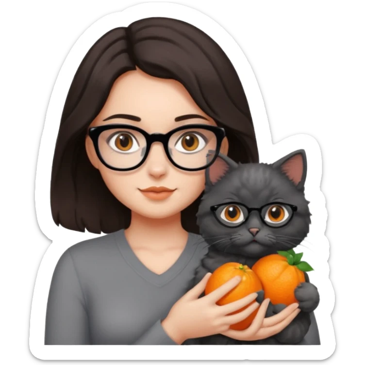 girl with dark brown hair, medium length to her chest, slightly wavy, the girl has black glasses and black eyes, she’s holding a grey fluffy cat with bright orange eyes  sticker