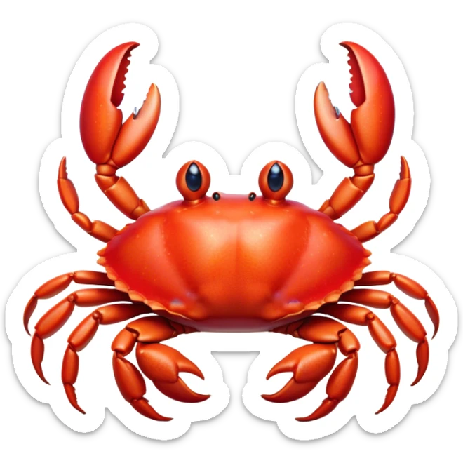 Cinematic Realistic Cute Crab Portrait Emoji, Head tilted playfully and inquisitively, featuring a compact, sturdy form with a glossy red shell uniquely forming an endearing face with bright, sparkling eyes, rendered with intricate natural textures and subtle coastal hues, high shine, affectionate and spirited, styled with a touch of seaside whimsy, soft glowing outline, capturing the essence of a mischievous yet lovable crab that seems ready to pinch playfully out of the screen into your arms! sticker