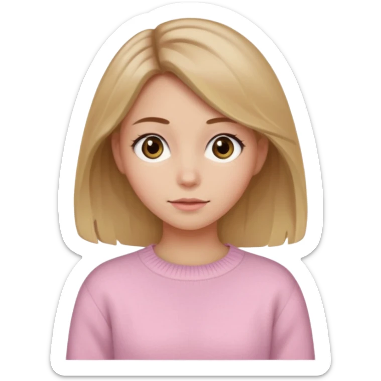 Crea una chica güerita con pelo café claro y raíces güeras, ojos rasgados cafés oscuros, suéter o camisa rosa claro sticker