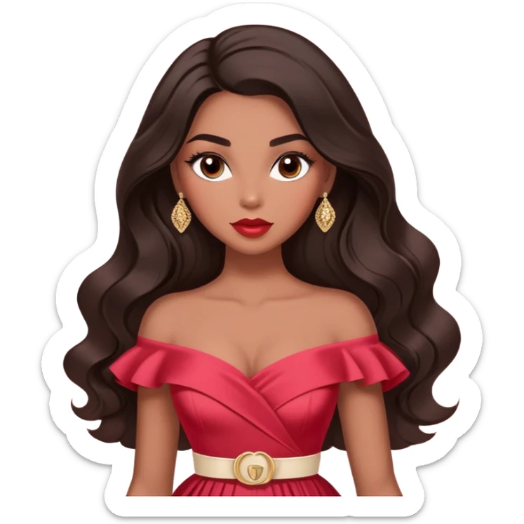 A woman with darker almond-toned skin, more voluminous dark hair in waves, expressive eyes with soft lashes and shimmer, full lips with a glossy nude-pink color, wearing a red dress and a white crossbody sash with “Miss San Juan” in black letters, exuding elegance and confidence sticker