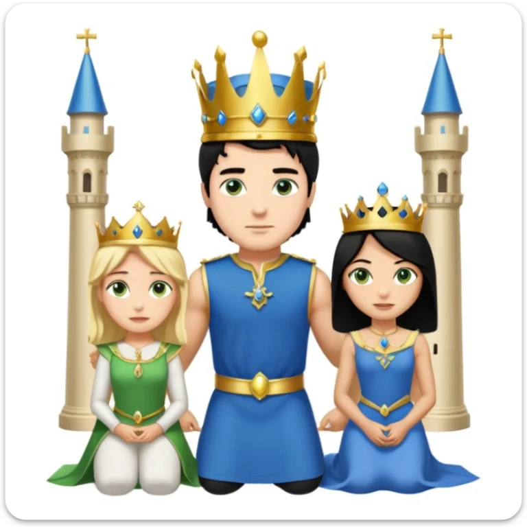 Man as king, standing, black Hair, blue eyes, female Servoamt, blonde, green eyes, shott white sleveless Dress, kneeling, background palace sticker
