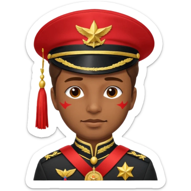 Captain with red hat and high decorated medals and shoulder tassels and brown skin sticker