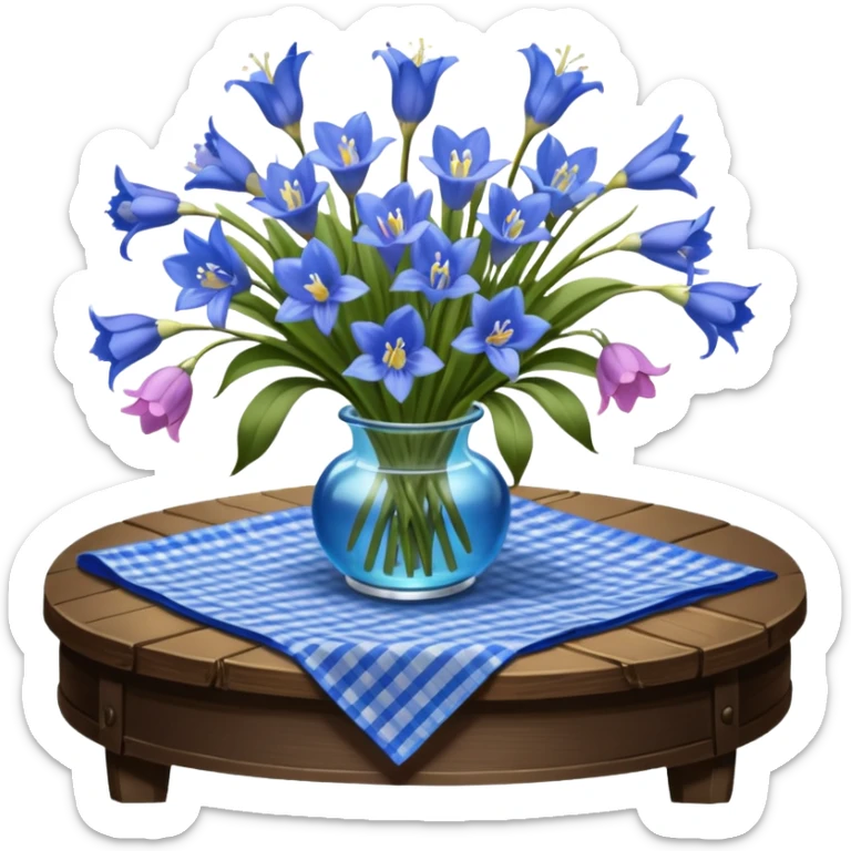 A lush bouquet of bright blue color bluebell black satin ribbon, resting on an antique wooden table, with a pale yellow and pink plaid pattern table cloth sticker