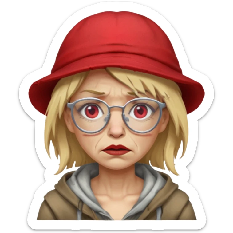 very dirty looking homeless woman with ripped red hat with ugly blond hair and broken glassess sticker