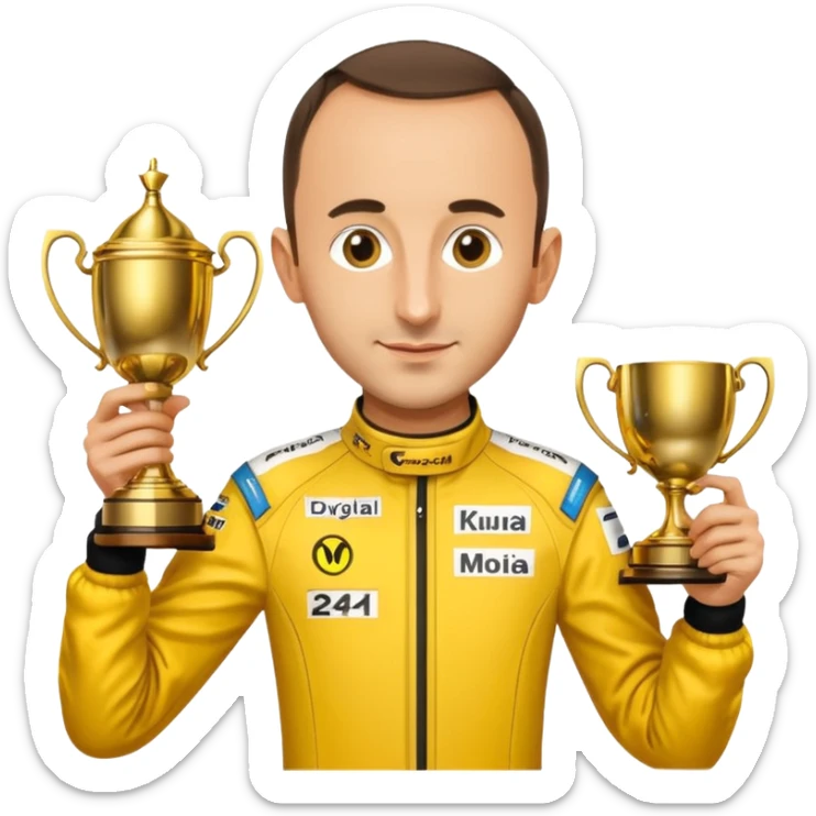 Robert Kubica without helmet, wearing yellow racing suit, holding 24h Le Mans trophy, Apple emoji style sticker