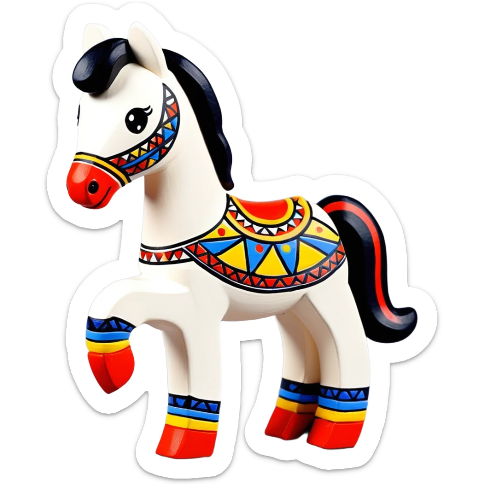 Dymkovo toy horse, traditional Russian clay figurine with colorful geometric patterns, white base with red, blue and yellow decorations sticker