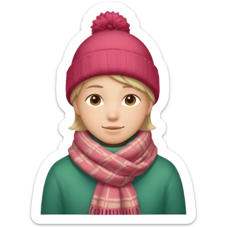 Fantasy human portrait emoji, warm winter scarf around neck, cozy holiday mood, slightly rosy cheeks, simple clean design, no hat, readable emoji style, male/female variant
 sticker
