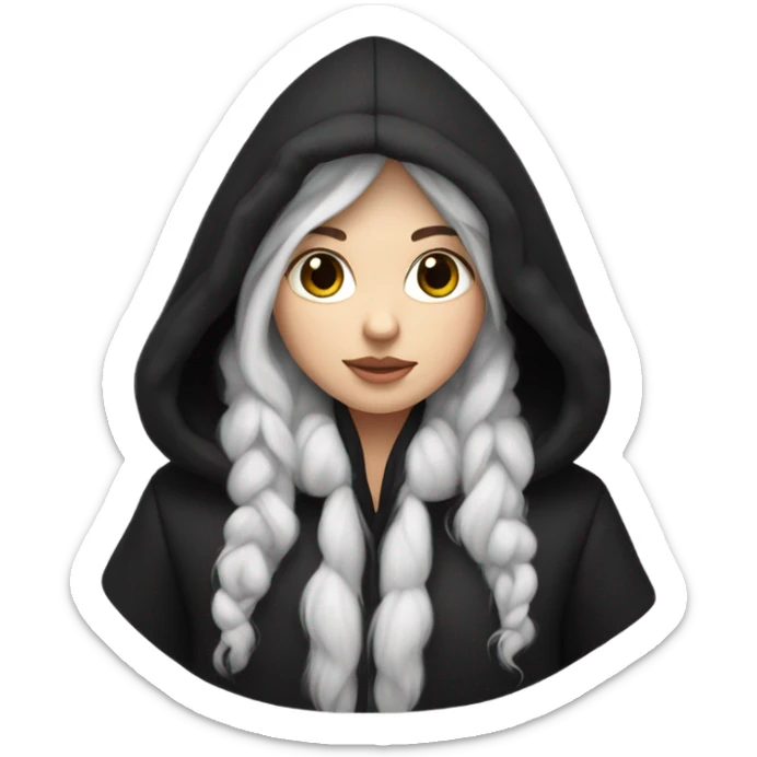 White skinned girl has a long hair wearing a black puff coat with a black fur hood sticker