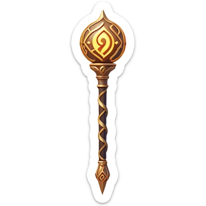 Clash of Clans aesthetic: Cinematic Playful Magic Staff Emoji, rendered in a 3D vector-style similar to standard emojis with minimal shading and bold, simplified shapes. A compact, isometric enchanted staff with intricate runic carvings and a glowing orb at its tip, softly glowing with a mystical arcane charm. Simplified yet unmistakably iconic, highly detailed and consistent, glowing with a soft radiant glow and high shine. Stylized with a touch of legendary sorcery and a soft glowing outline, capturing the essence of a powerful magic staff with a friendly, playful vibe! sticker