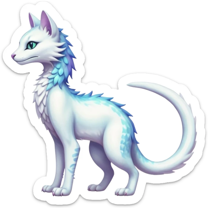Kawaii white iridescent beautiful pretty elegant divine edgy fantasy feline-vernid-sergal-fursona animal creature with a tufted tail full body with intricate markings  sticker