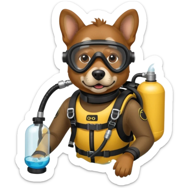 dog wearing scuba gear dive into the sea with diver mask and oxygen tank sticker