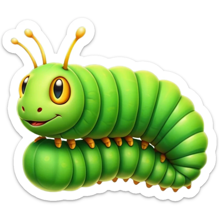 Cinematic Noble Caterpillar Portrait Emoji, Poised and vibrant, with a segmented, gently curving body adorned in bright, lively hues and delicate, inquisitive eyes, Simplified yet charmingly detailed features, highly detailed, glowing with a soft, verdant radiance, high shine, intelligent and resilient, stylized with an air of natural transformation, focused and curious, soft glowing outline, capturing the essence of a watchful caterpillar that appears ready to inch out of the screen with gentle determination! sticker