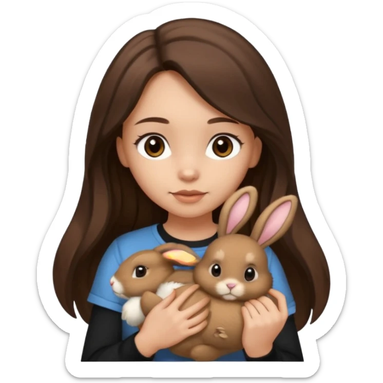 Girl About 15 years old with light skin and brunette Long slightly wavy hair, with dark brown eyes. Shes wearing black t-shirt. In her hand she's holding a brown bunny with ears down sticker