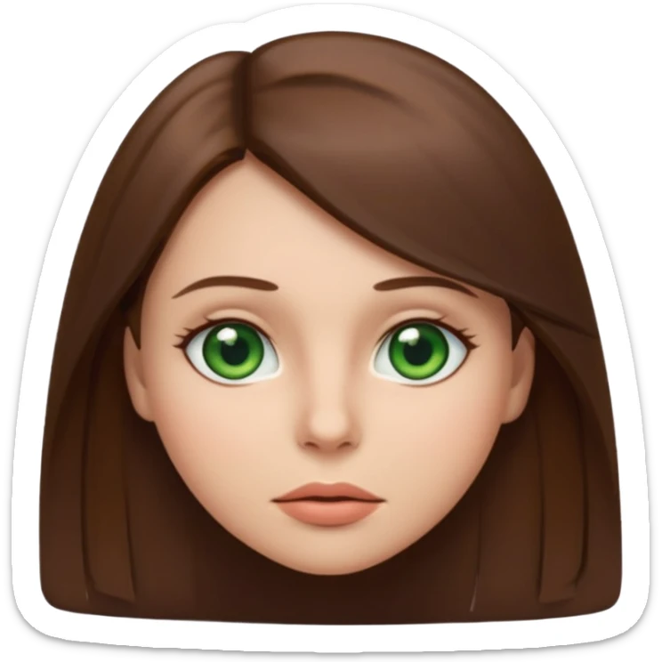Female face emoji. Straight medium-length brown hair, fair skin, green eyes, neutral expression, closed lips, minimal makeup sticker