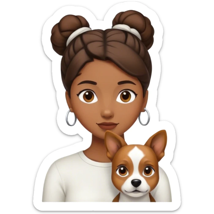 sort, 30 year old, brown girl, back Bun hairstyle, with a white brown dog sticker
