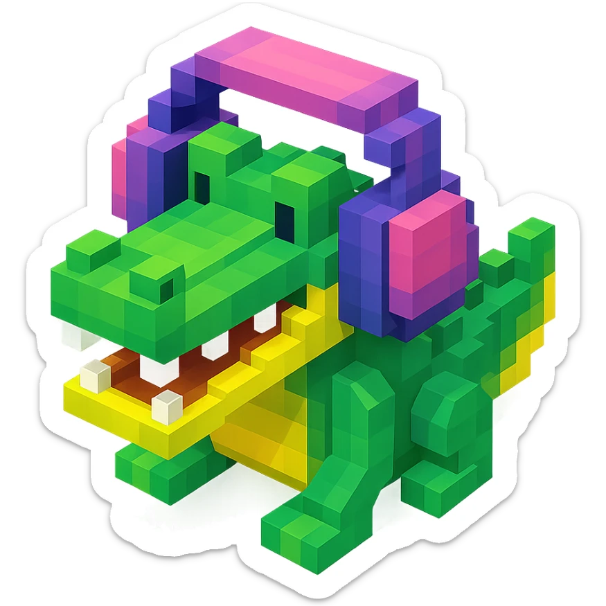 crocodile wearing large over-ear headphones, isometric view, voxel style sticker
