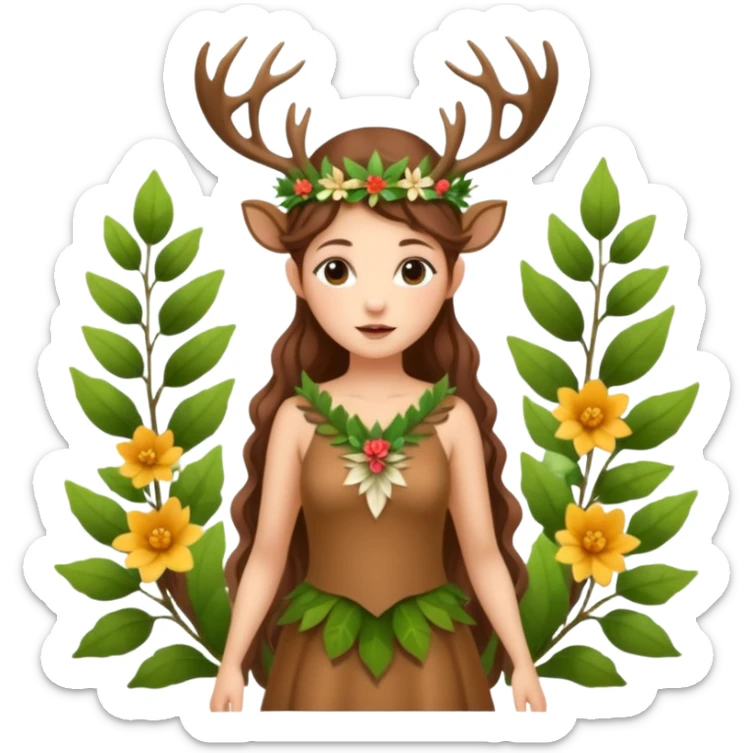 forest fairy woman dressed as deer spirit, antler crown and leaf dress, standing in flowers sticker