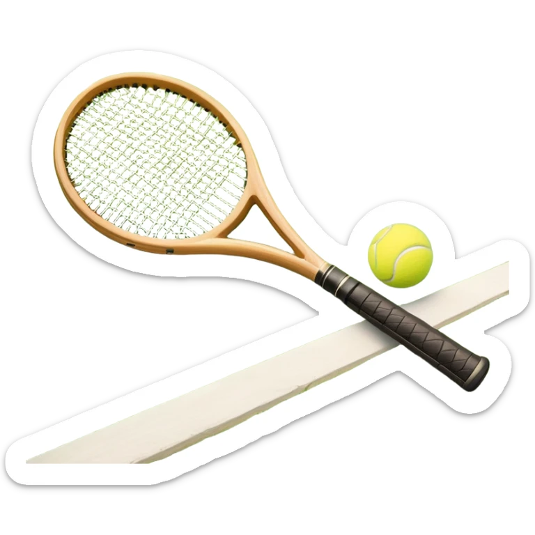 A tennis racket resting on the green grass of a tennis court, with a tennis ball placed nearby and the net stretching across the court. The background captures the fresh, open atmosphere of a traditional grass court, emphasizing the elegance and precision of the sport. sticker