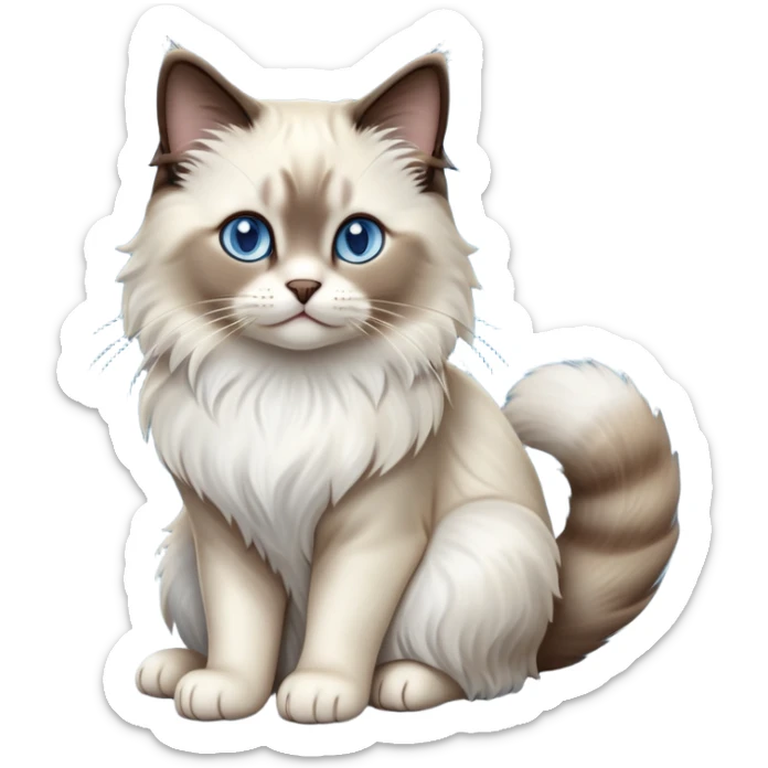 Cinematic-Seal-Ragdoll-Cat-Realistic-Full-Body-Sitting-Emoji – Tail curled playfully around its paws, head tilted dramatically, fluffy brown-and-white fur with darker seal points, simplified yet realistic focused features, highly detailed, glowing with an almost sarcastic glow, piercing blue eyes radiating elegance and charm. sticker
