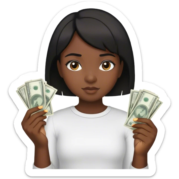 a young girl with dark skin and short black hair holding money and a glue stick in her hands sticker