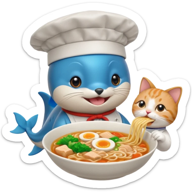 I want a dolphin on top of a cat eating ramen noodles in Japan shibuya sticker
