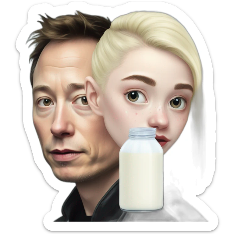 Grimes with drops of milk spray on face, elon musk smirking, duo sticker