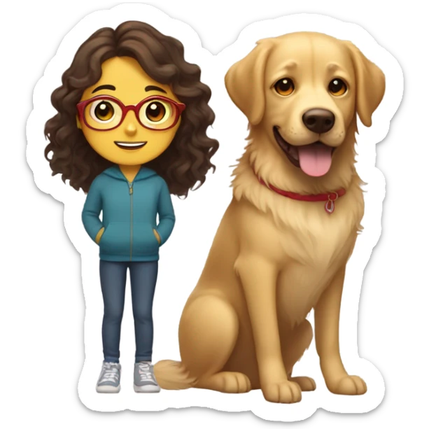 Smiling girl with long dark wavy brown hair and red glasses next to a small shaggy golden Labrador dog with brown eyes sticker