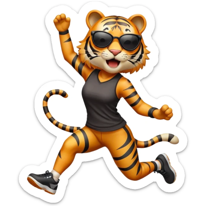 female energetic anthropomorphised tiger in sports clothes, wearing dark sunglasses, jumping with excitement sticker