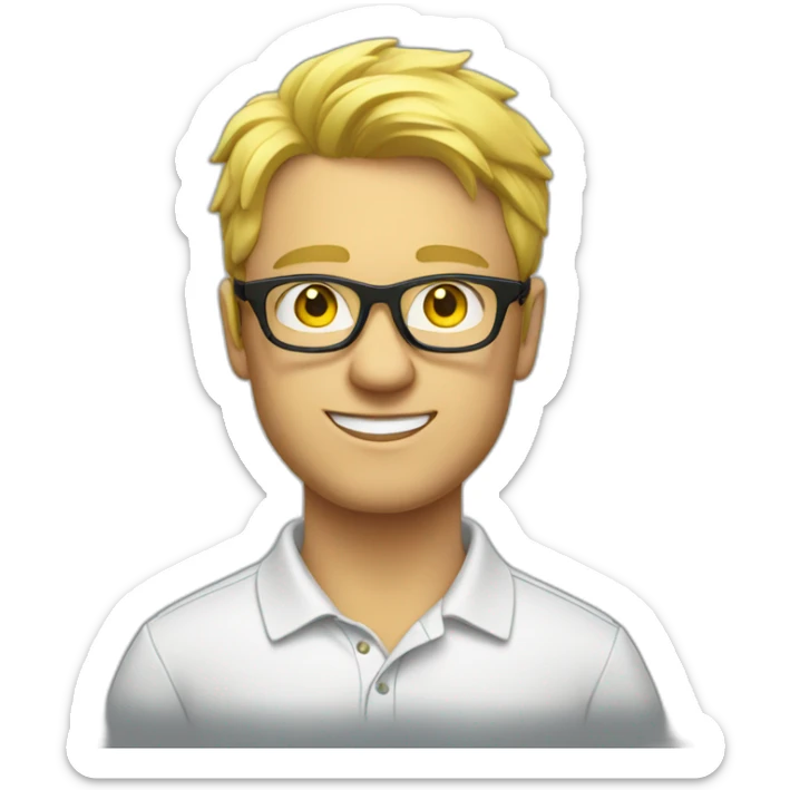 White man with yellow tinted glasses and black hair in a polo shirt sticker