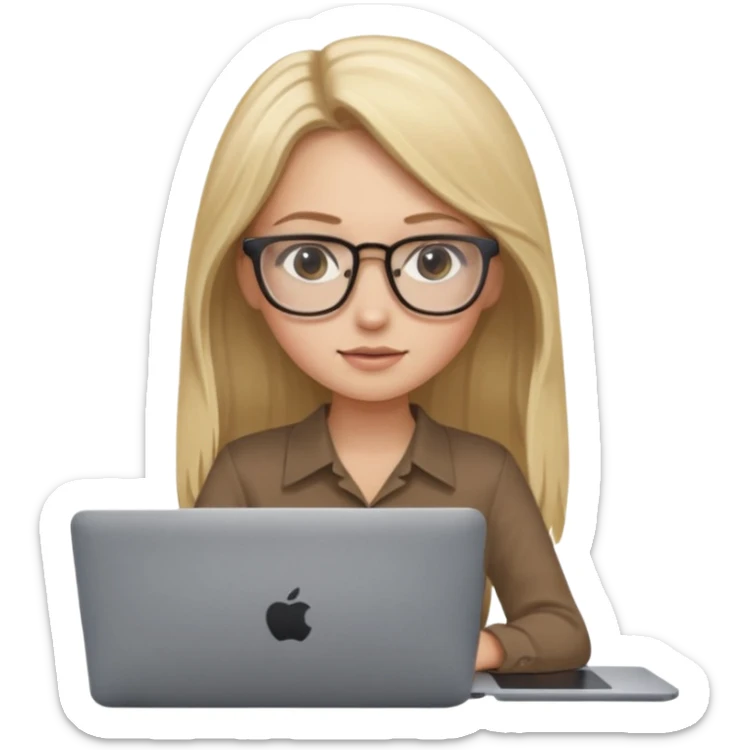Girl in glasses, blonde long hair, brown blouse, sitting with gray MacBook sticker