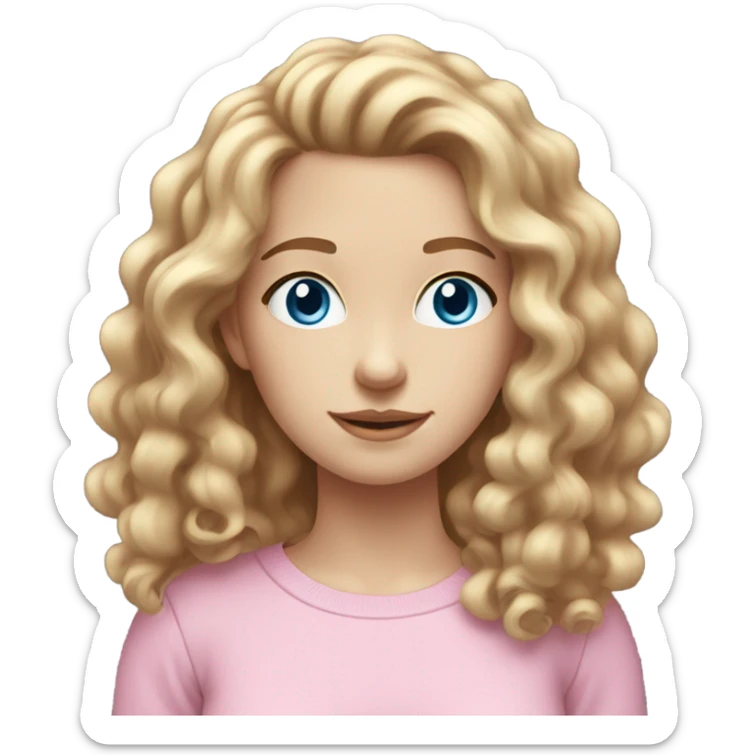 Pale skinned young female with brown curly hair and blue eyes wearing a pink crewneck sticker