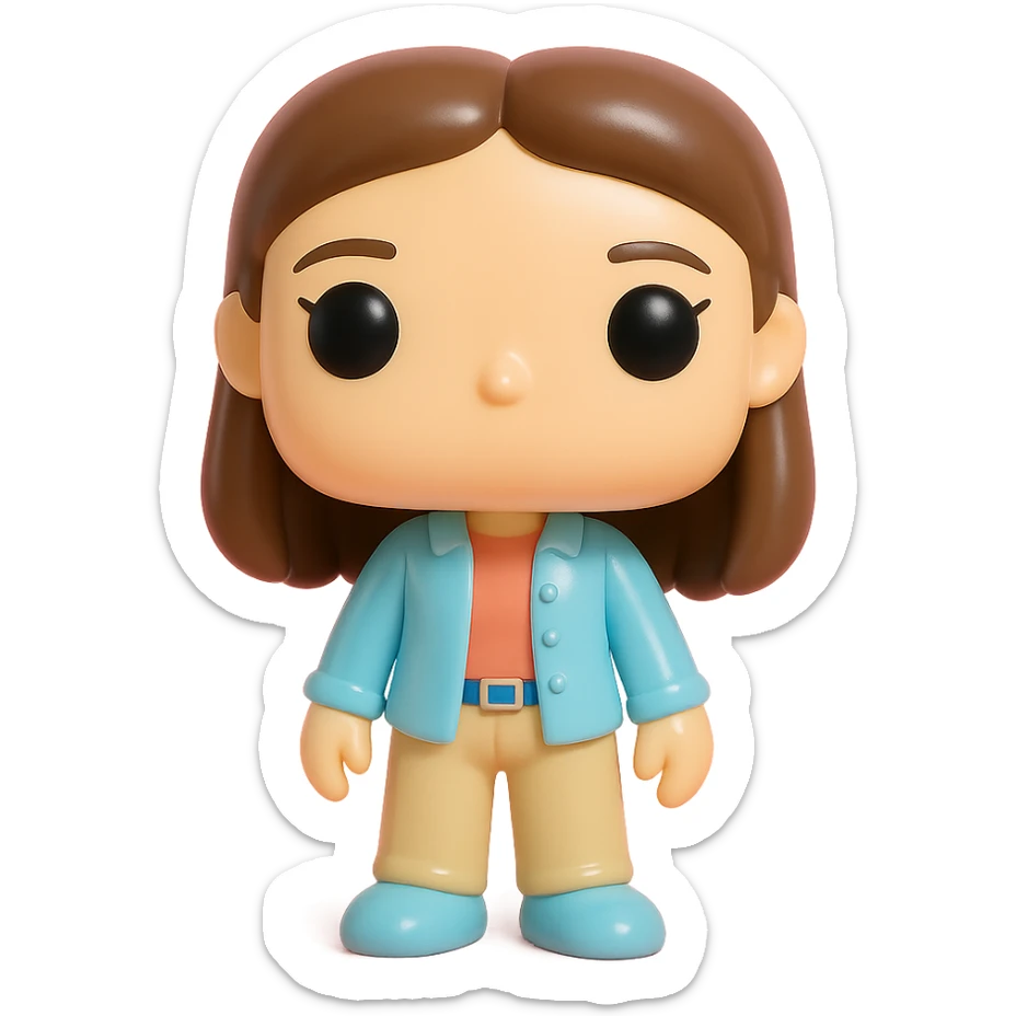 Funko Pop figurine of Liz Parker from the TV series Roswell, 3D style, large head, big black eyes, casual 90s outfit, brown hair, friendly expression sticker