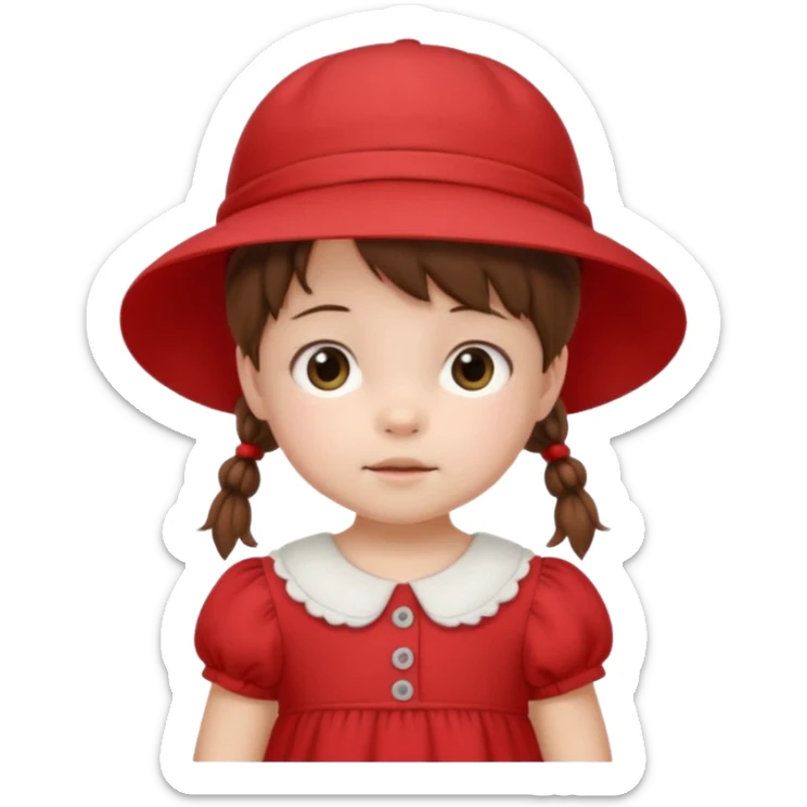 baby girl with brown hair and pigtails with a hat and red dress like My Neighbor Totoro movie sticker